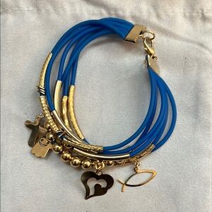 Gold Charm Multi-Strand Blue Bracelet
